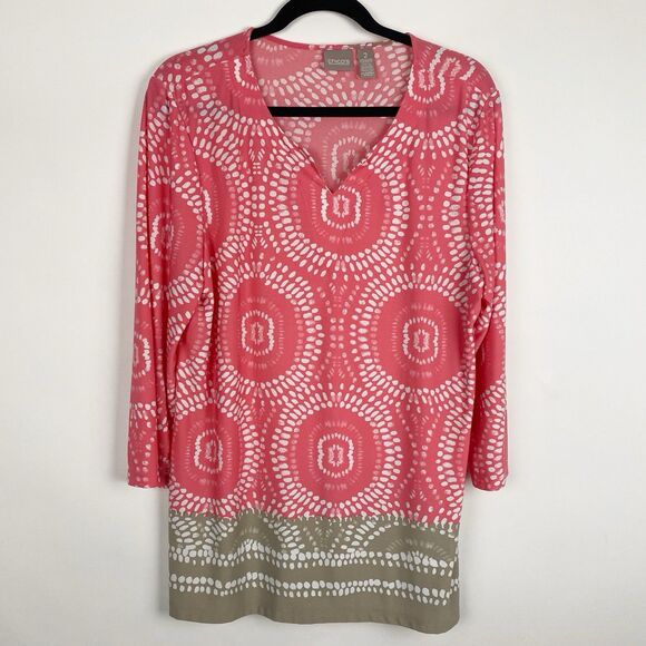 CHICO'S Pink Khaki tie Dye‎ Print Tunic Top - Chico's Size 2 (L/12) - Picture 1 of 3